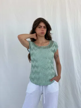 00s NICOLA Mint Green Scrunchie Textured Top with Lace Collar - M