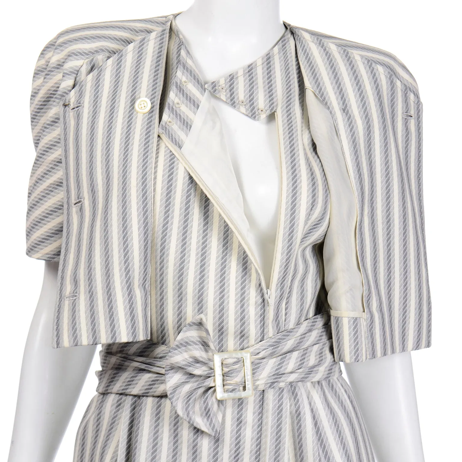 1980s Valentino Vintage Grey & Cream Striped Dress & Jacket Outfit