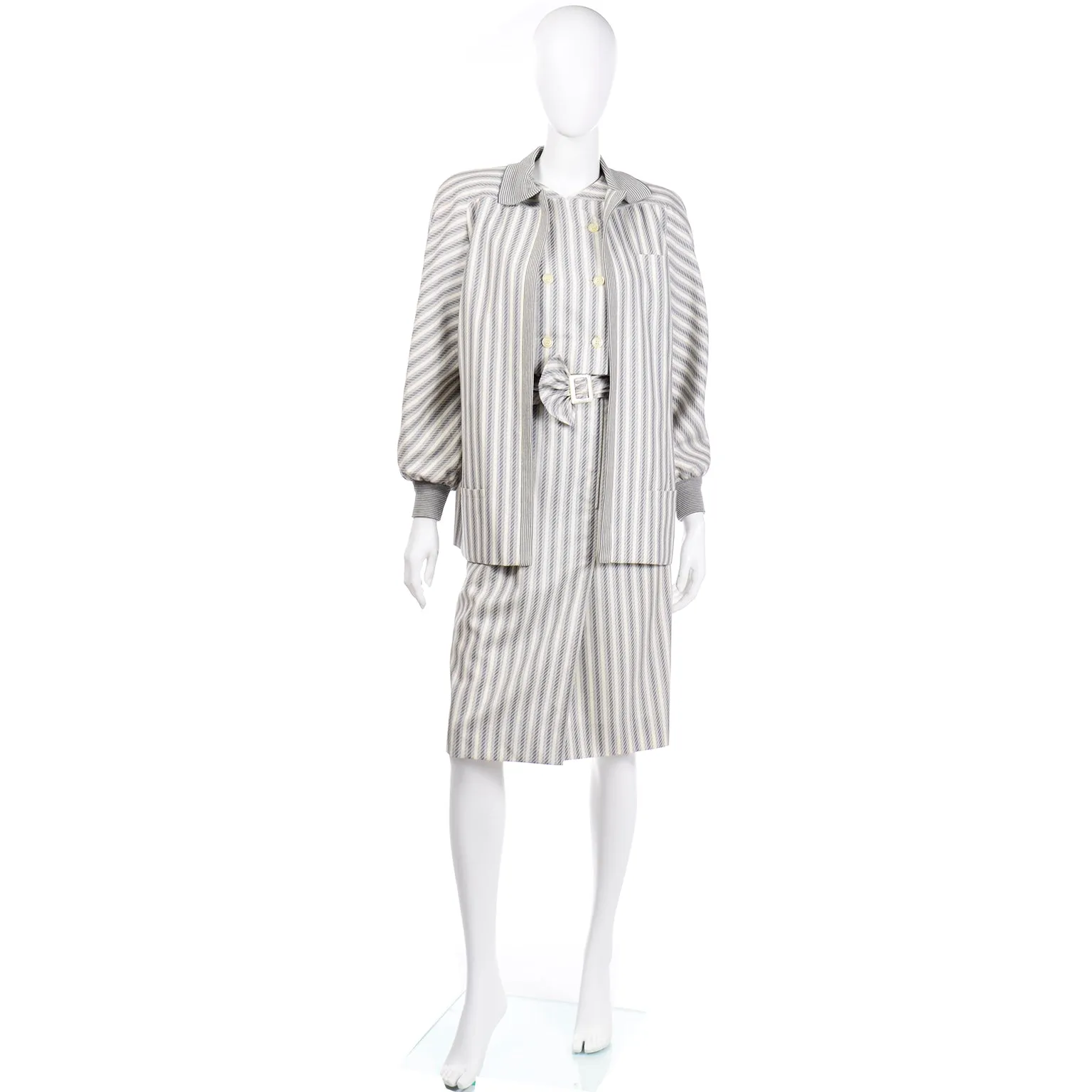 1980s Valentino Vintage Grey & Cream Striped Dress & Jacket Outfit