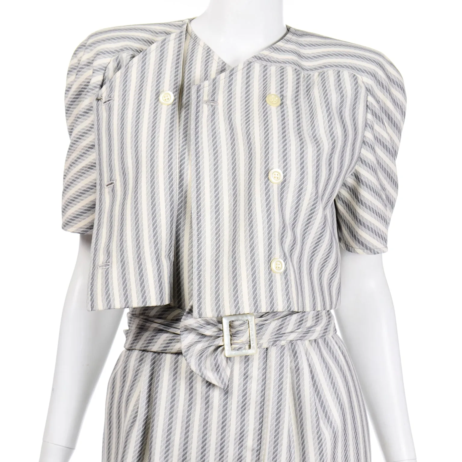 1980s Valentino Vintage Grey & Cream Striped Dress & Jacket Outfit