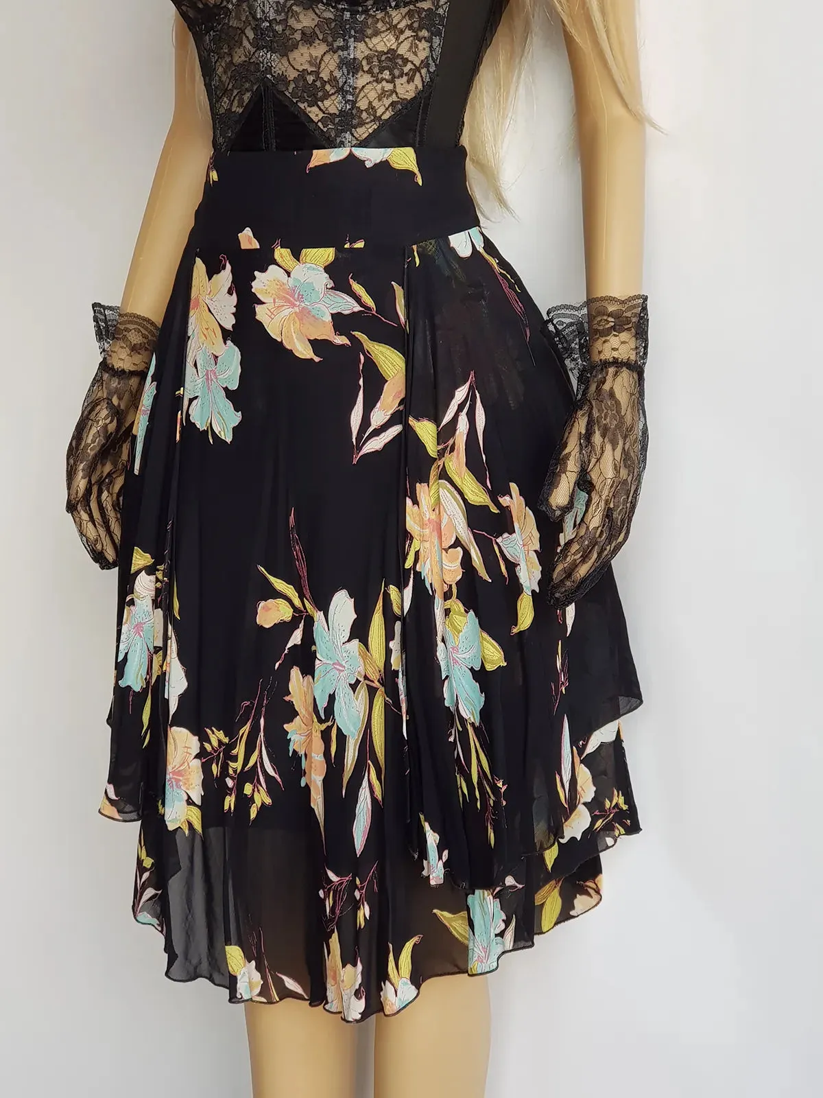 1990s Sexy Bohemian Rockstar Vintage Maxi Skirt / Dress - Floaty Multi Tier Cut - Insane Floral Print - Double Layered