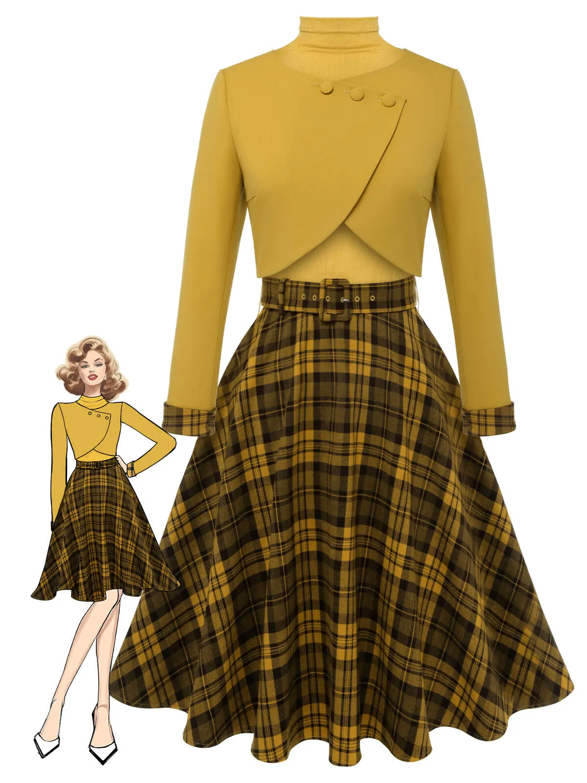 2PCS Yellow 1950s Short Coat & Plaid Dress