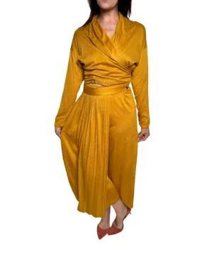 3 Piece Set Yellow w/ Skirt, Pants & Wrap Top 1980s