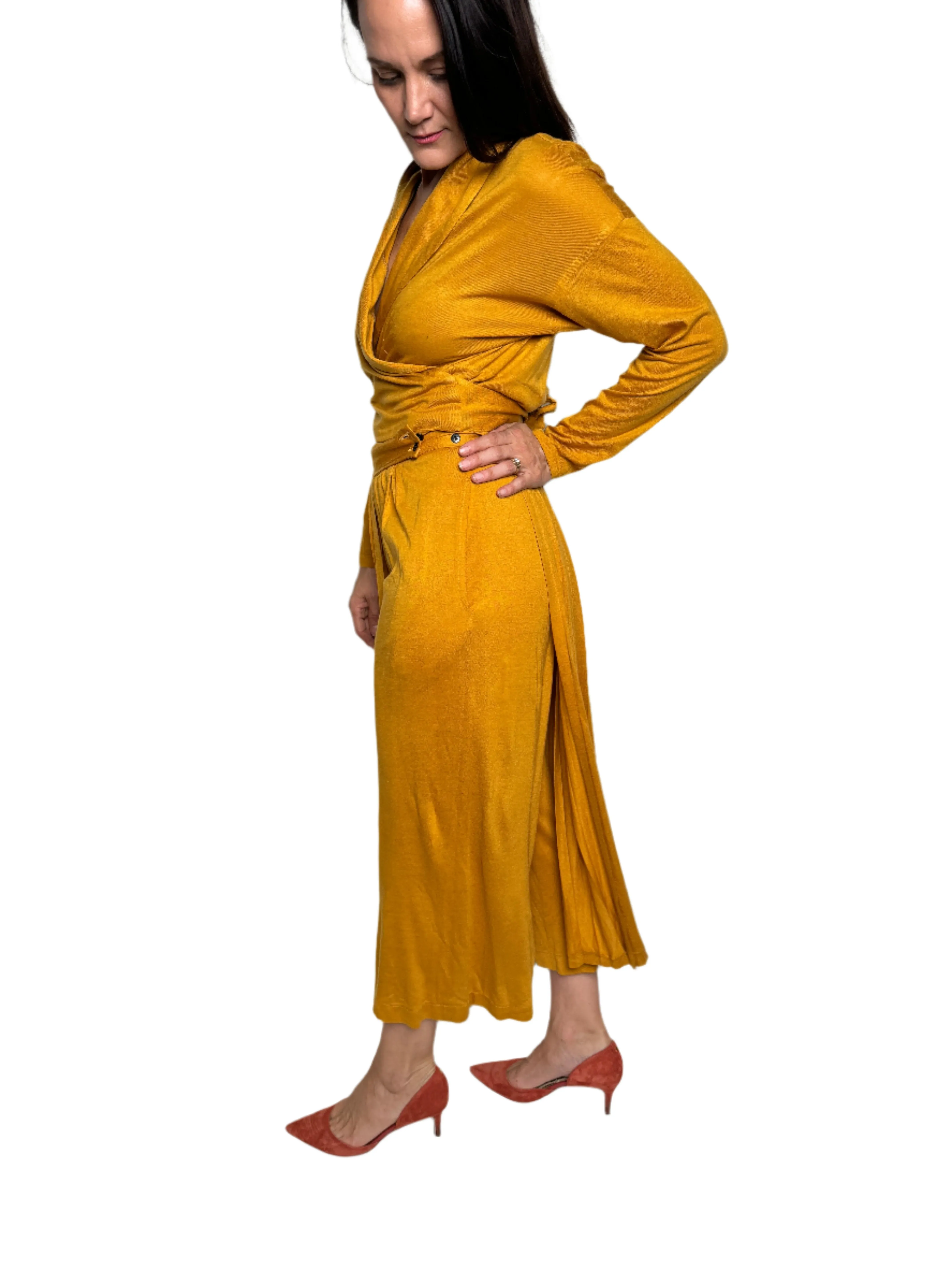 3 Piece Set Yellow w/ Skirt, Pants & Wrap Top 1980s