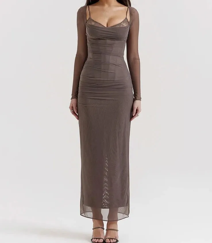 A&A Elegant Sheer Long Sleeve Bustier Maxi Dress