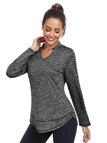 Absttith Workout Shirts for Women Loose Fit Long Sleeve Golf Hiking Tops V Neck Sport Tee Plus Size Pink Medium