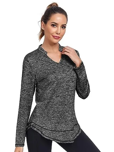 Absttith Workout Shirts for Women Loose Fit Long Sleeve Golf Hiking Tops V Neck Sport Tee Plus Size Pink Medium