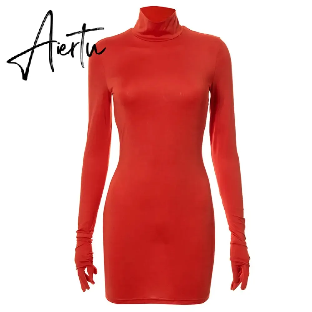 Aiertu Women Fall Fashion Bodycon Folds Pure Color Long Sleeves With Gloves Mini Dress Female Clothing Streetwear Y2K