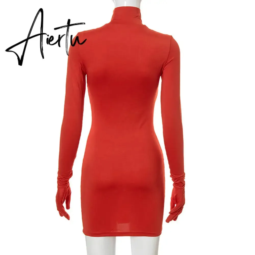 Aiertu Women Fall Fashion Bodycon Folds Pure Color Long Sleeves With Gloves Mini Dress Female Clothing Streetwear Y2K