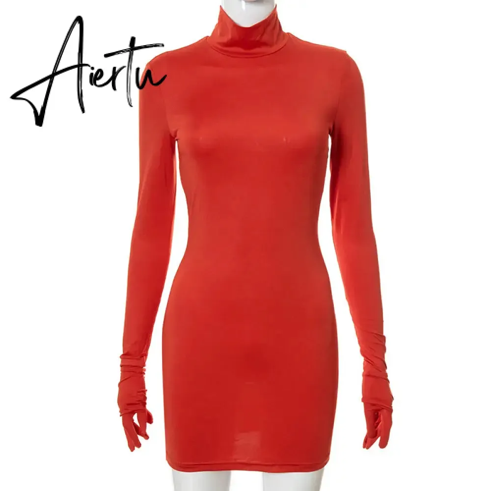 Aiertu Women Fall Fashion Bodycon Folds Pure Color Long Sleeves With Gloves Mini Dress Female Clothing Streetwear Y2K