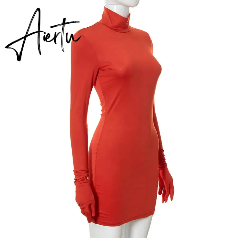 Aiertu Women Fall Fashion Bodycon Folds Pure Color Long Sleeves With Gloves Mini Dress Female Clothing Streetwear Y2K