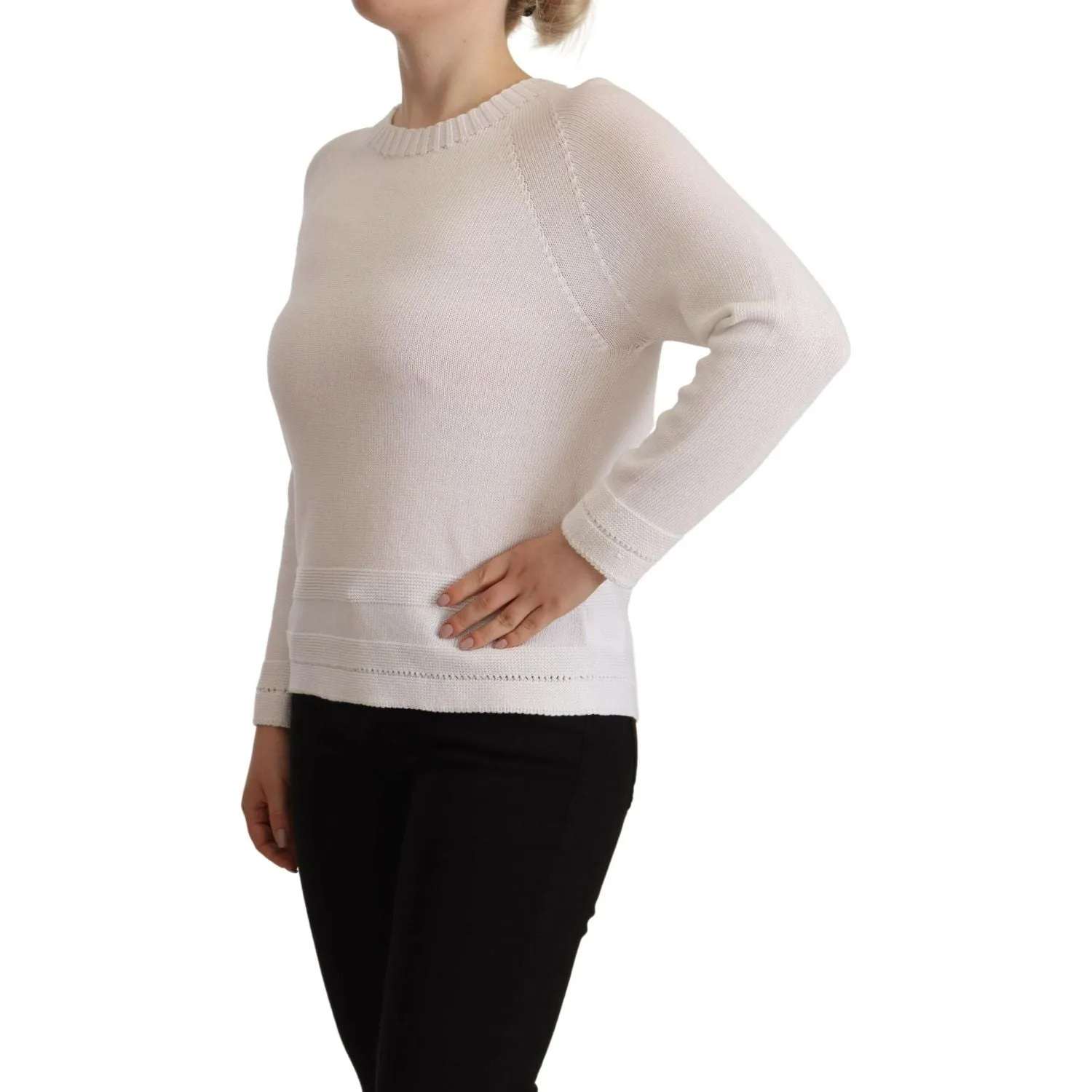 Alpha Studio Elegant White Cotton Pullover Sweater