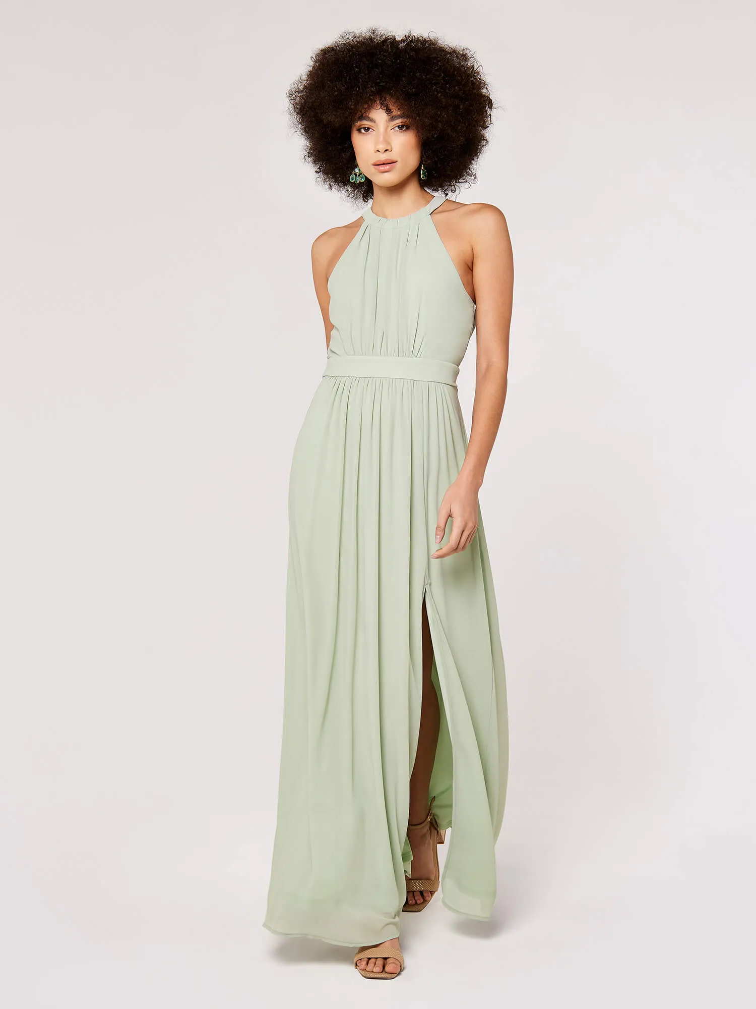 APRICOT - Halter Pleat Chiffon Split Maxi Dress - 712454 - FINAL SALE