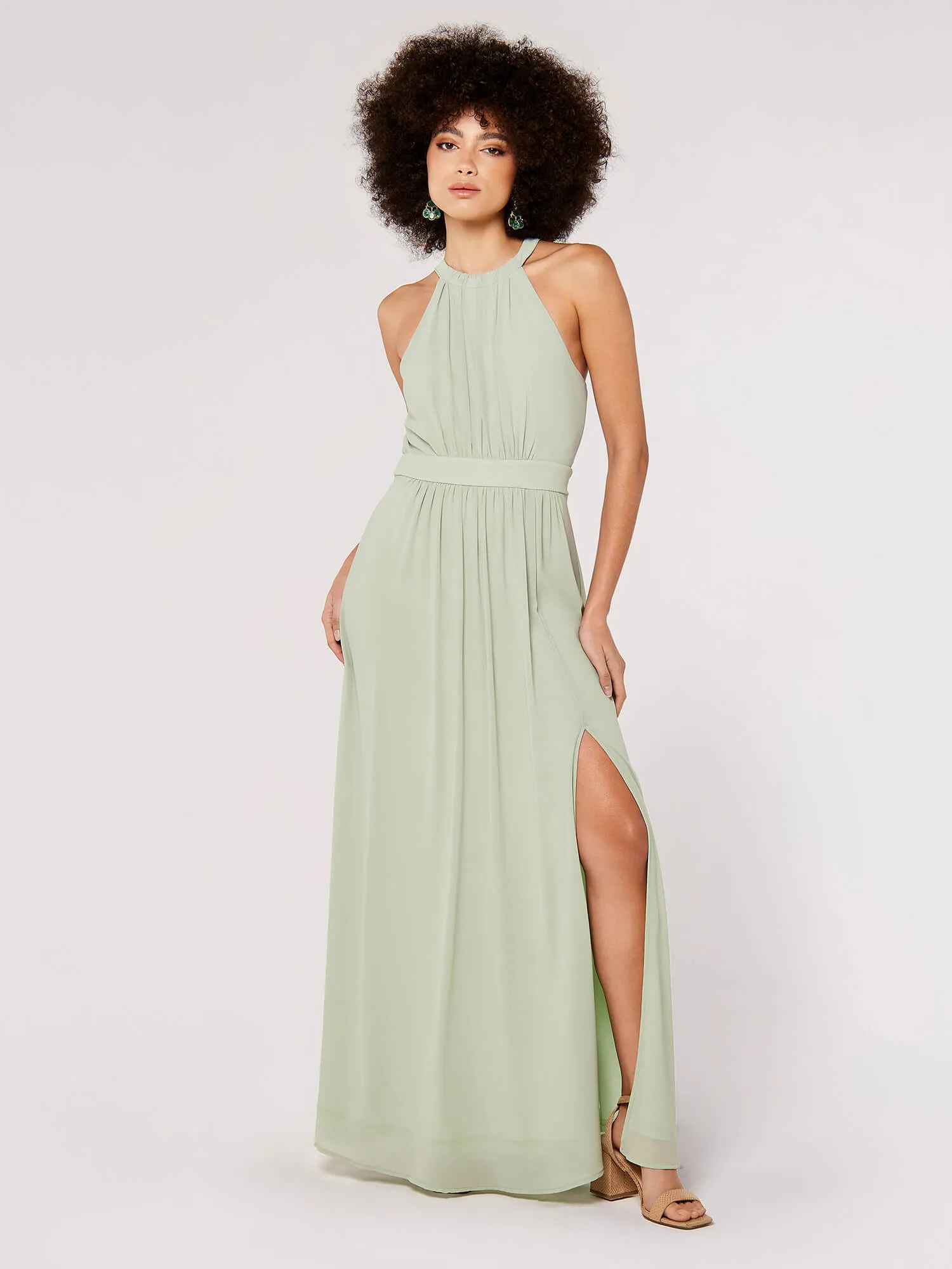 APRICOT - Halter Pleat Chiffon Split Maxi Dress - 712454 - FINAL SALE