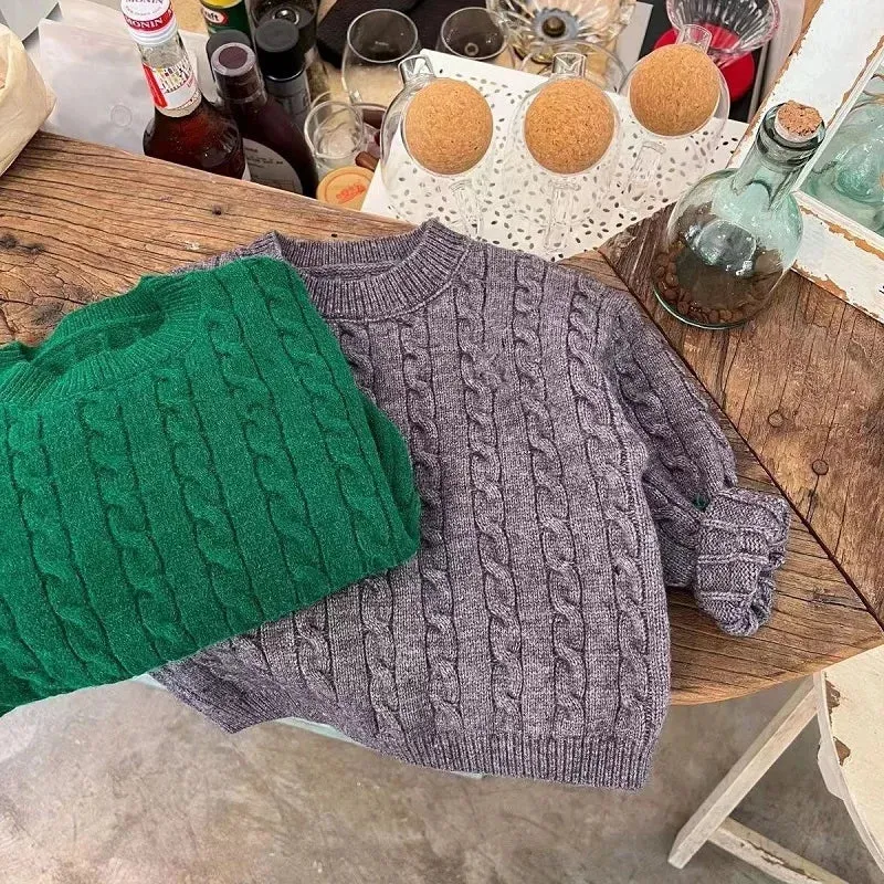 Baby Boy Girl Knitted Sweater Twisted Stripes Toddler Child Solid Color Sweater Pullover Spring Autumn Baby Clothes 2-10Y