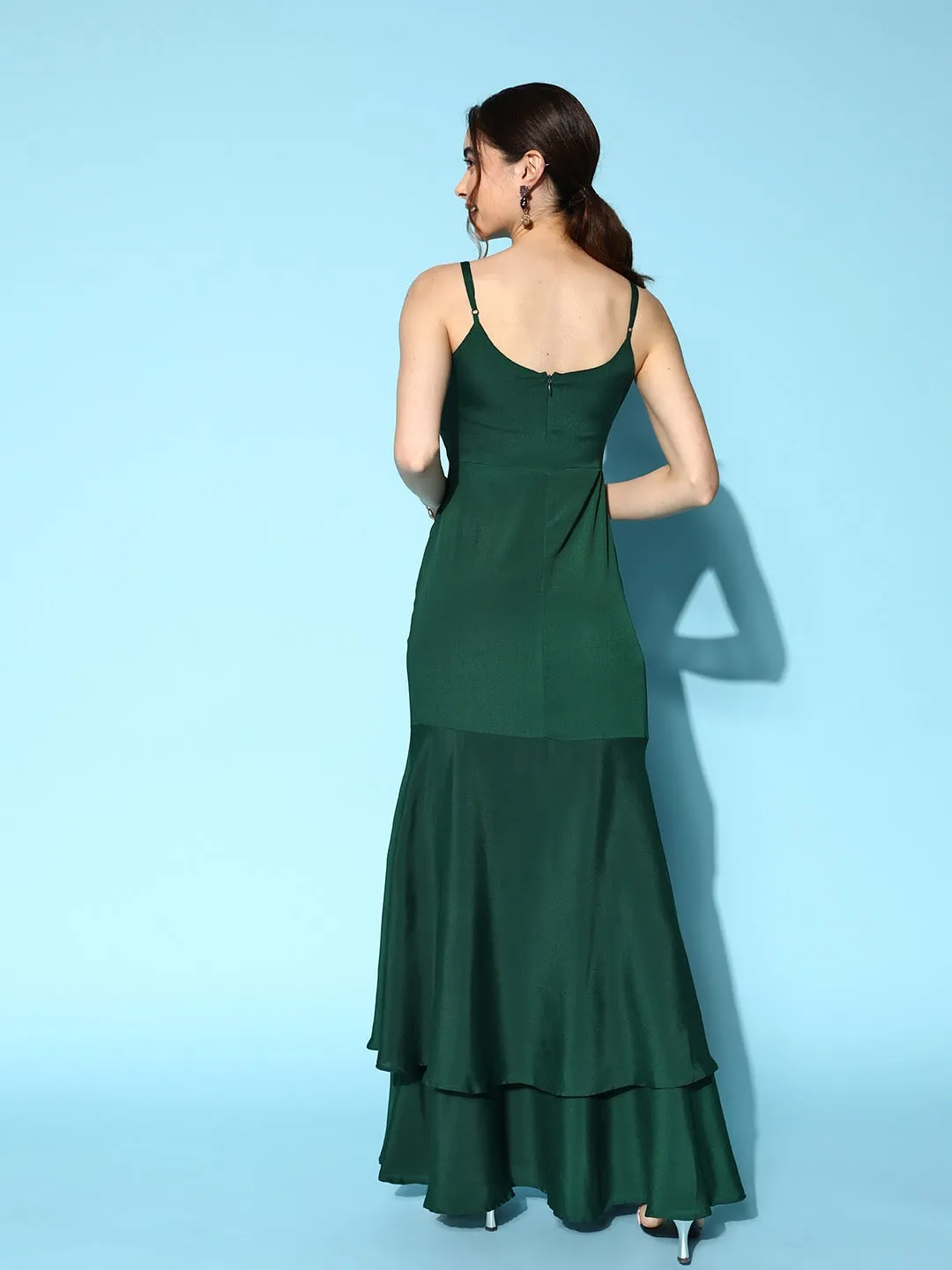 Berrylush Women Solid Green Square Nack Sleeveless Satin Flounce Hem Layered Maxi Gown