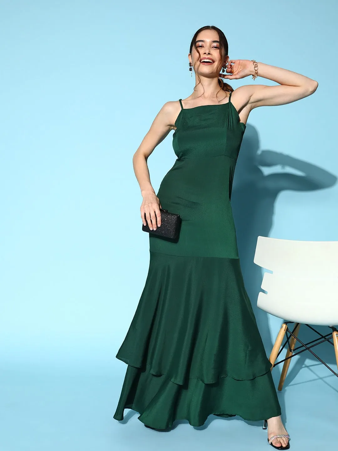 Berrylush Women Solid Green Square Nack Sleeveless Satin Flounce Hem Layered Maxi Gown