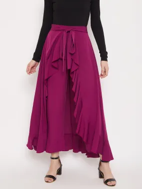 Berrylush Women Solid Purple Waist Tie-Up Ruffled Maxi Skirt With Attached Trousers