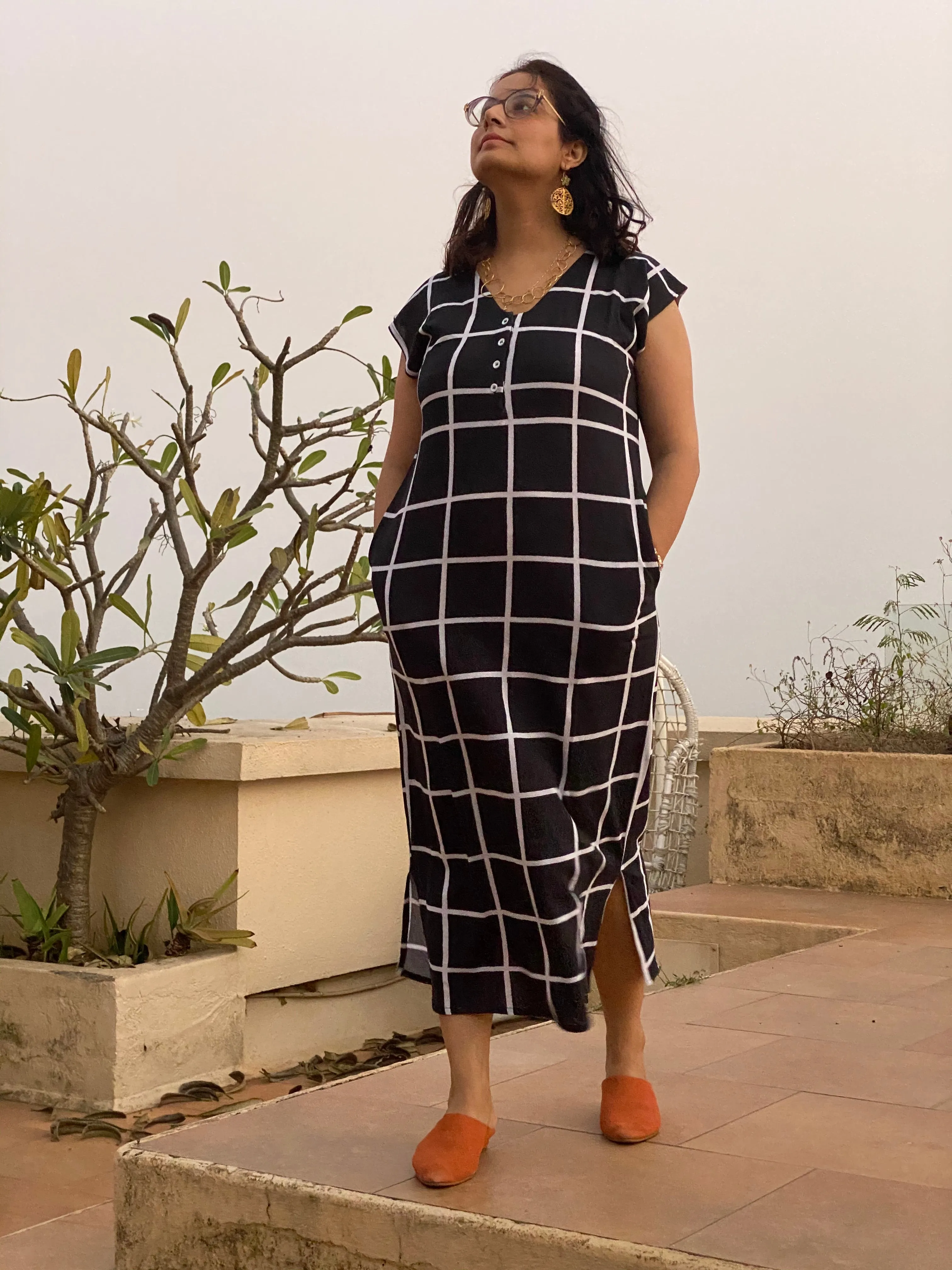 Black Good Old Grids "My Mojo" Lounge Dress | Soft Jersey Knit Organic Cotton | Oversized House Dress