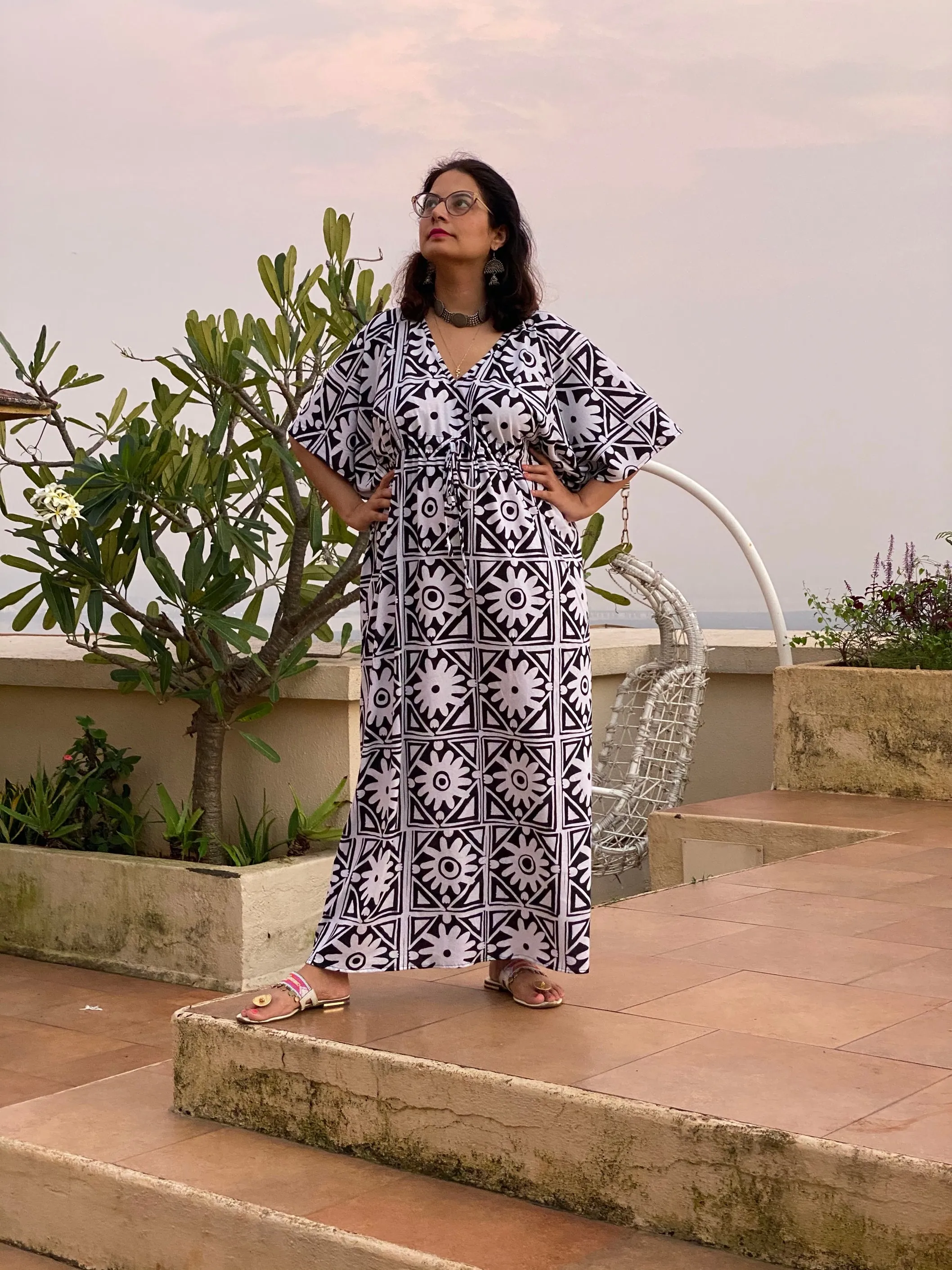 Black Grid Land "Timeless" Style Caftan | Soft Jersey Knit Organic Cotton | Perfect Loungewear House Dress