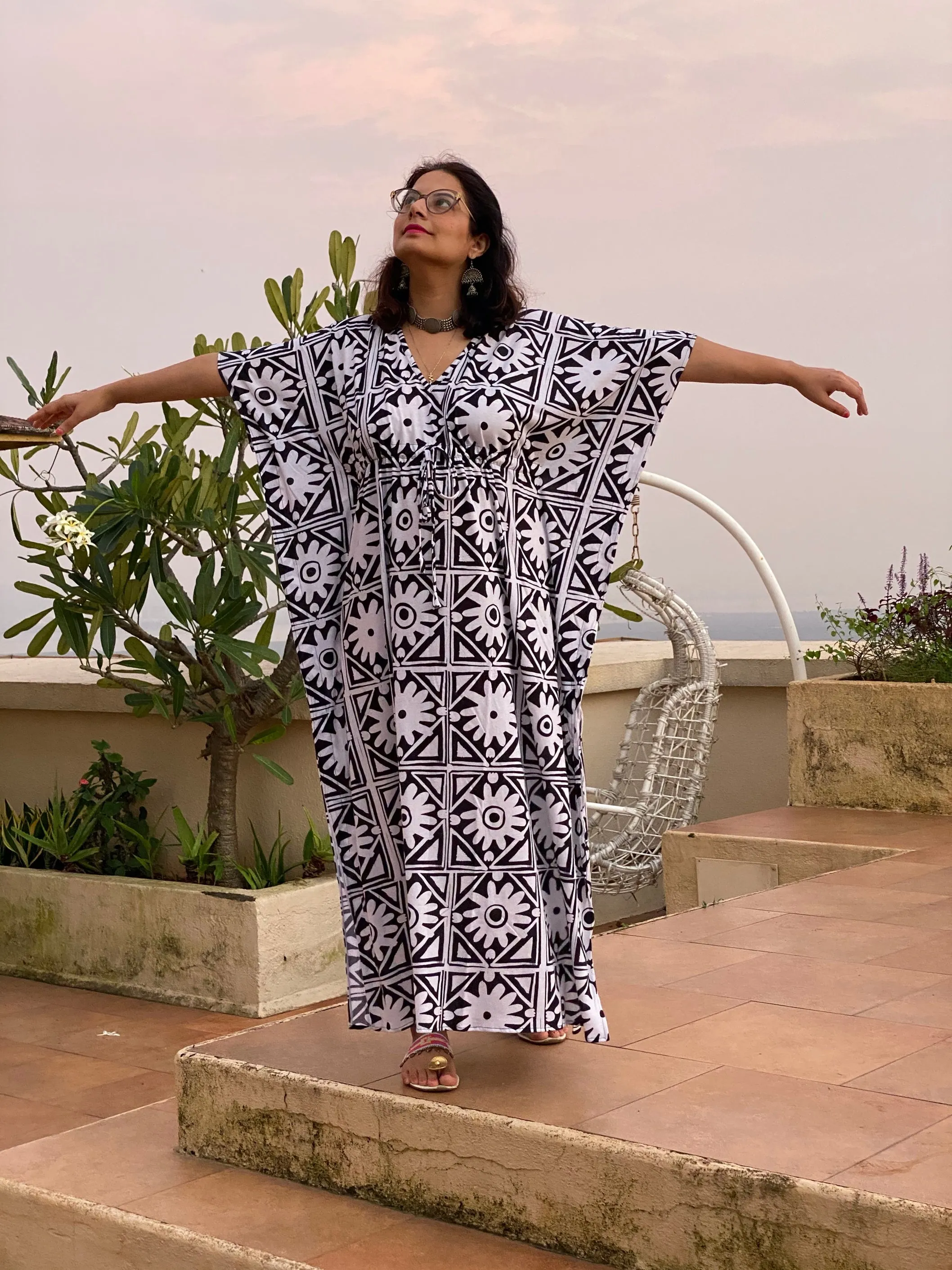 Black Grid Land "Timeless" Style Caftan | Soft Jersey Knit Organic Cotton | Perfect Loungewear House Dress