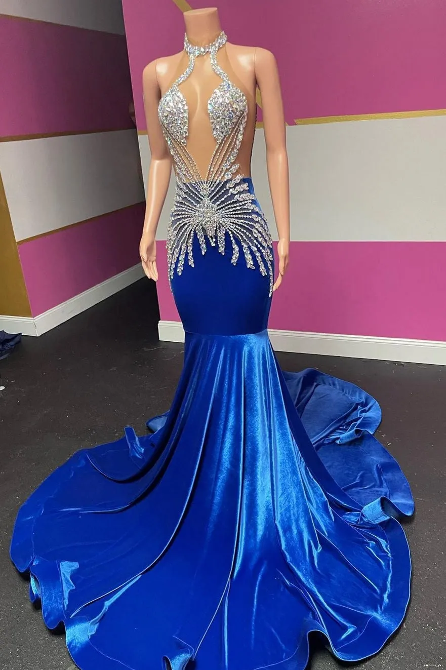 Blue Halter Velvet Silver Beaded Bodycon Prom Dresses