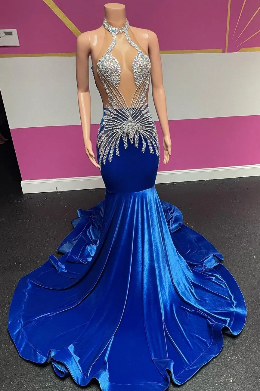 Blue Halter Velvet Silver Beaded Bodycon Prom Dresses