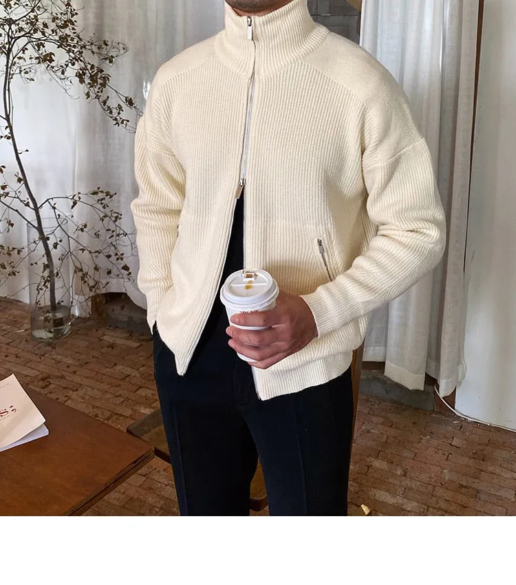 Bonsir Sweater Cardigan Men Autumn Knitting Pocket Sweaters Winter Warm Coat Men Solid Color Zipper Top Cardigan Turtleneck Sweater