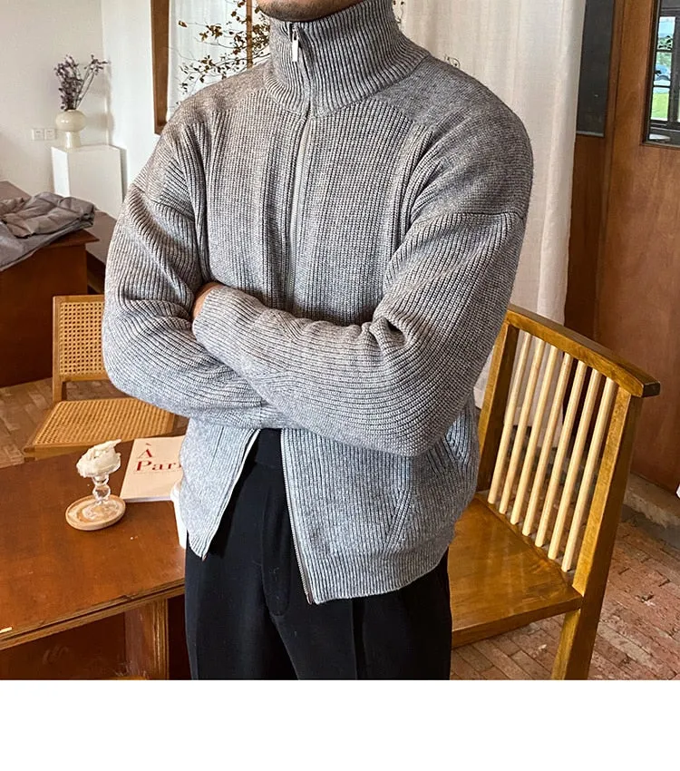 Bonsir Sweater Cardigan Men Autumn Knitting Pocket Sweaters Winter Warm Coat Men Solid Color Zipper Top Cardigan Turtleneck Sweater