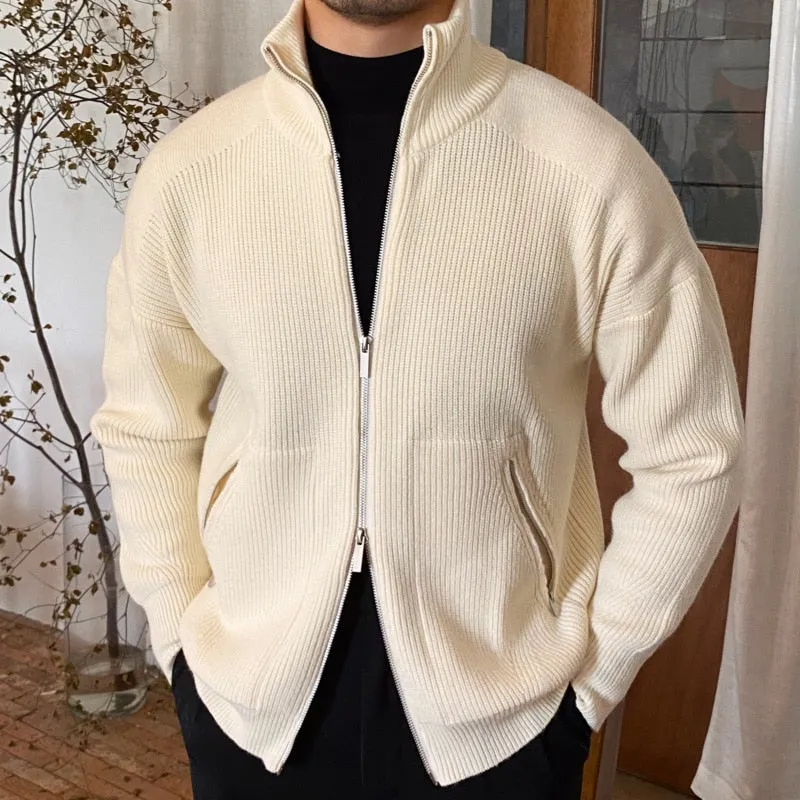 Bonsir Sweater Cardigan Men Autumn Knitting Pocket Sweaters Winter Warm Coat Men Solid Color Zipper Top Cardigan Turtleneck Sweater