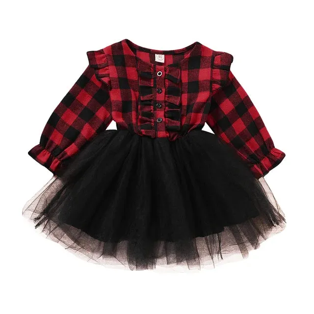 Buffalo Plaid Girls Western Christmas Party Dress Holdiay