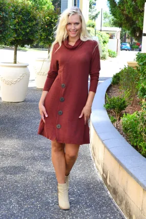 Burgundy Beauty Button Rolled Neck Tunic Dress