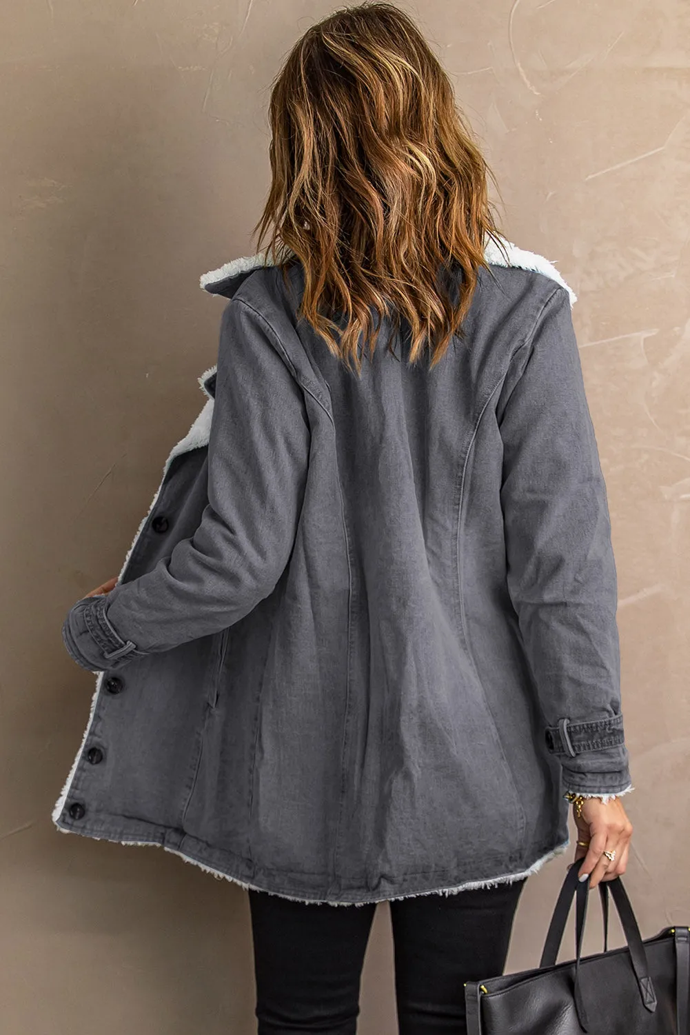 Button-Front Denim Jacket with Sherpa Collar