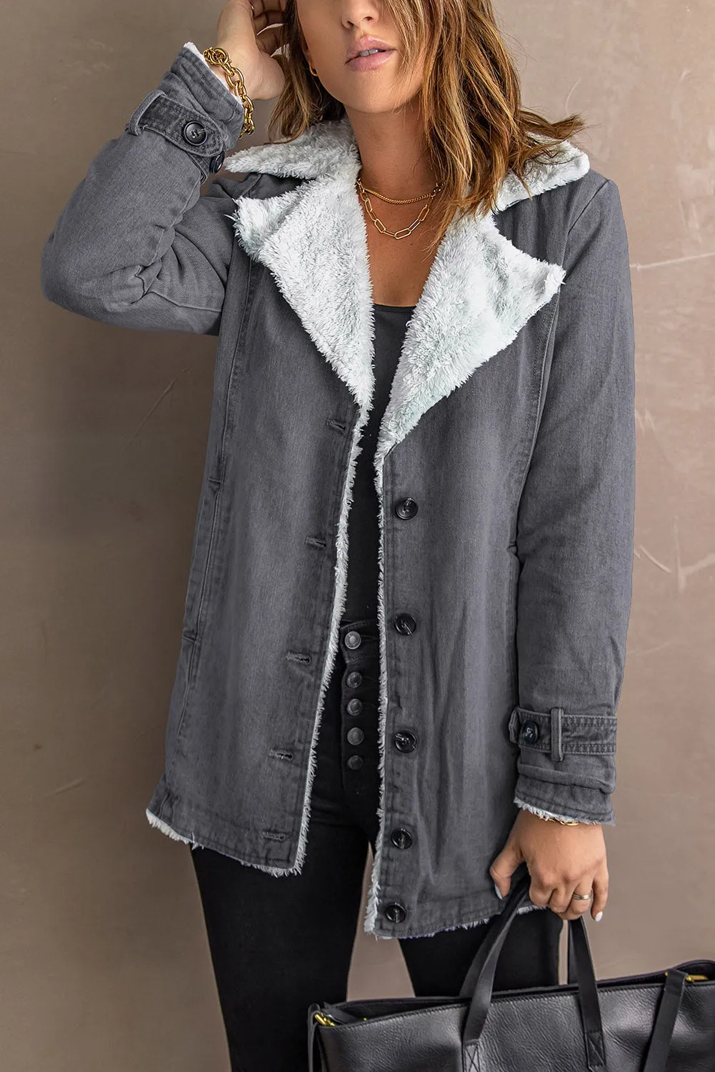 Button-Front Denim Jacket with Sherpa Collar