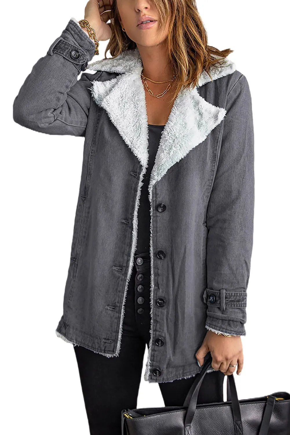 Button-Front Denim Jacket with Sherpa Collar