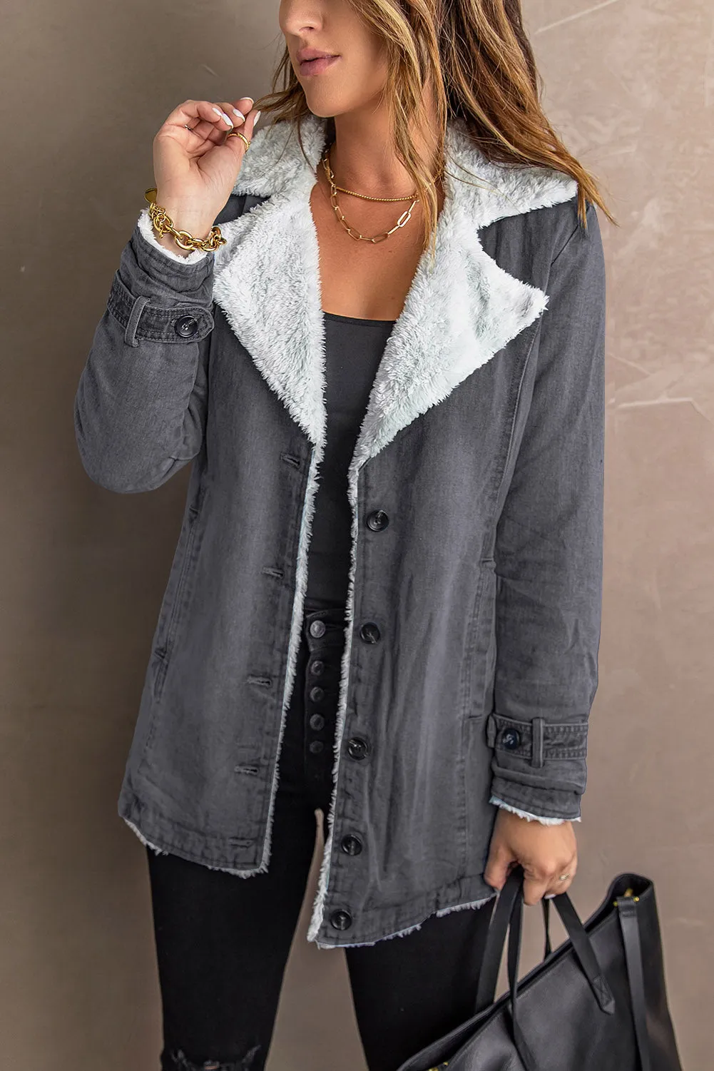 Button-Front Denim Jacket with Sherpa Collar