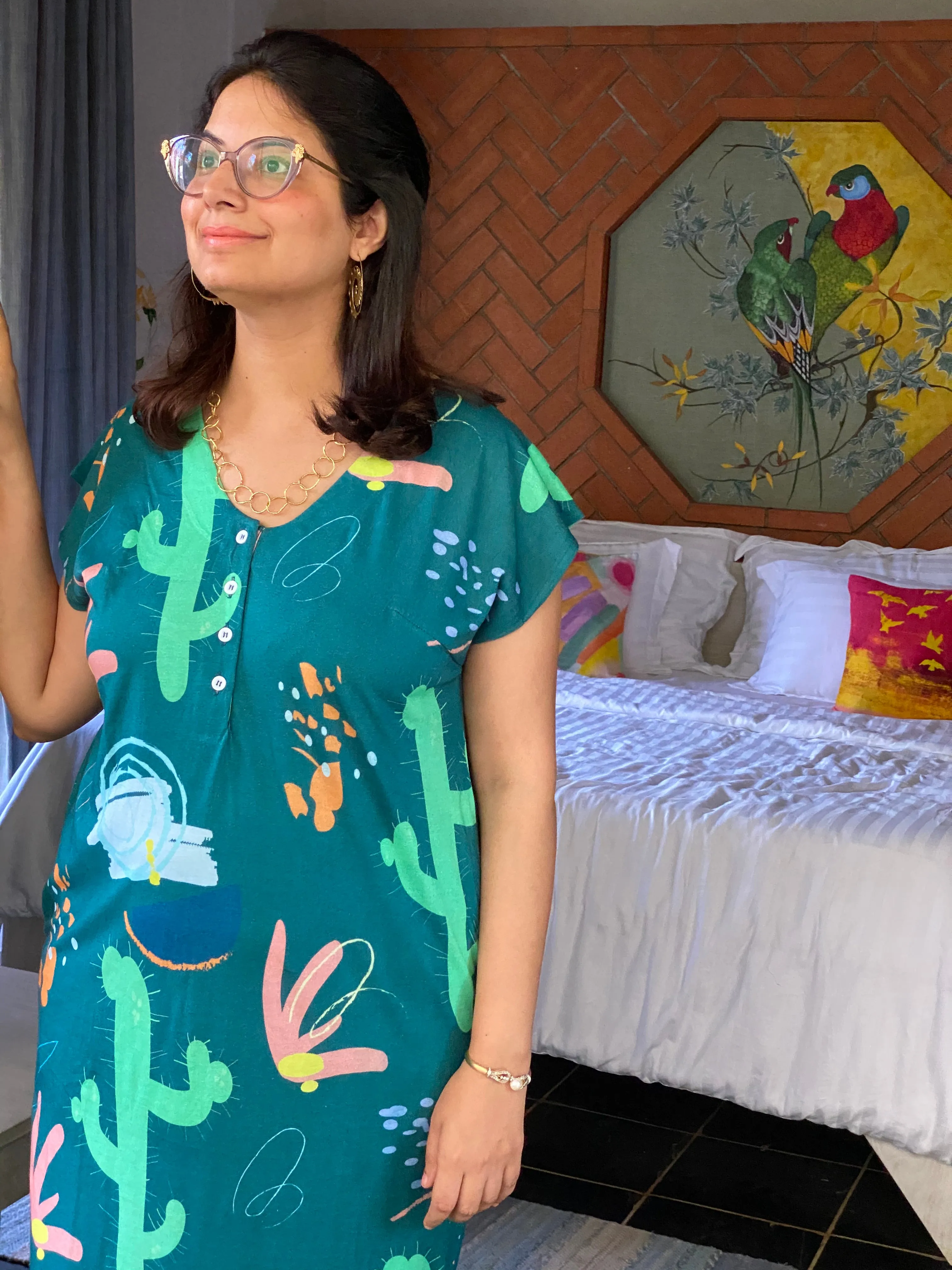 Colorful Cactus "My Mojo" Lounge Dress | Softest Jersey Knit Organic Cotton | Oversized House Dress