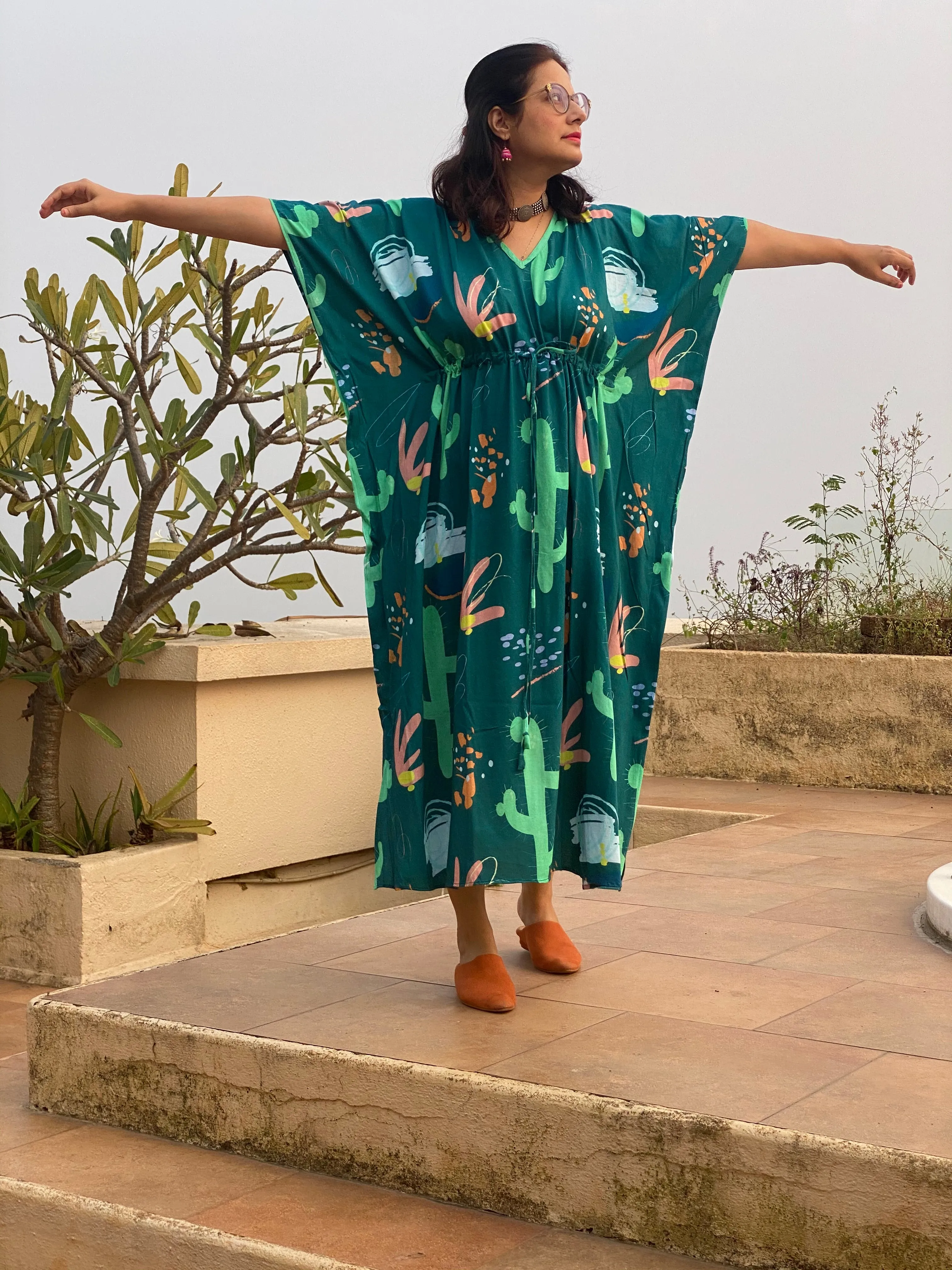 Colorful Cactus "Timeless" Style Kaftan | Soft Jersey Knit Organic Cotton | Perfect Loungewear House Dress