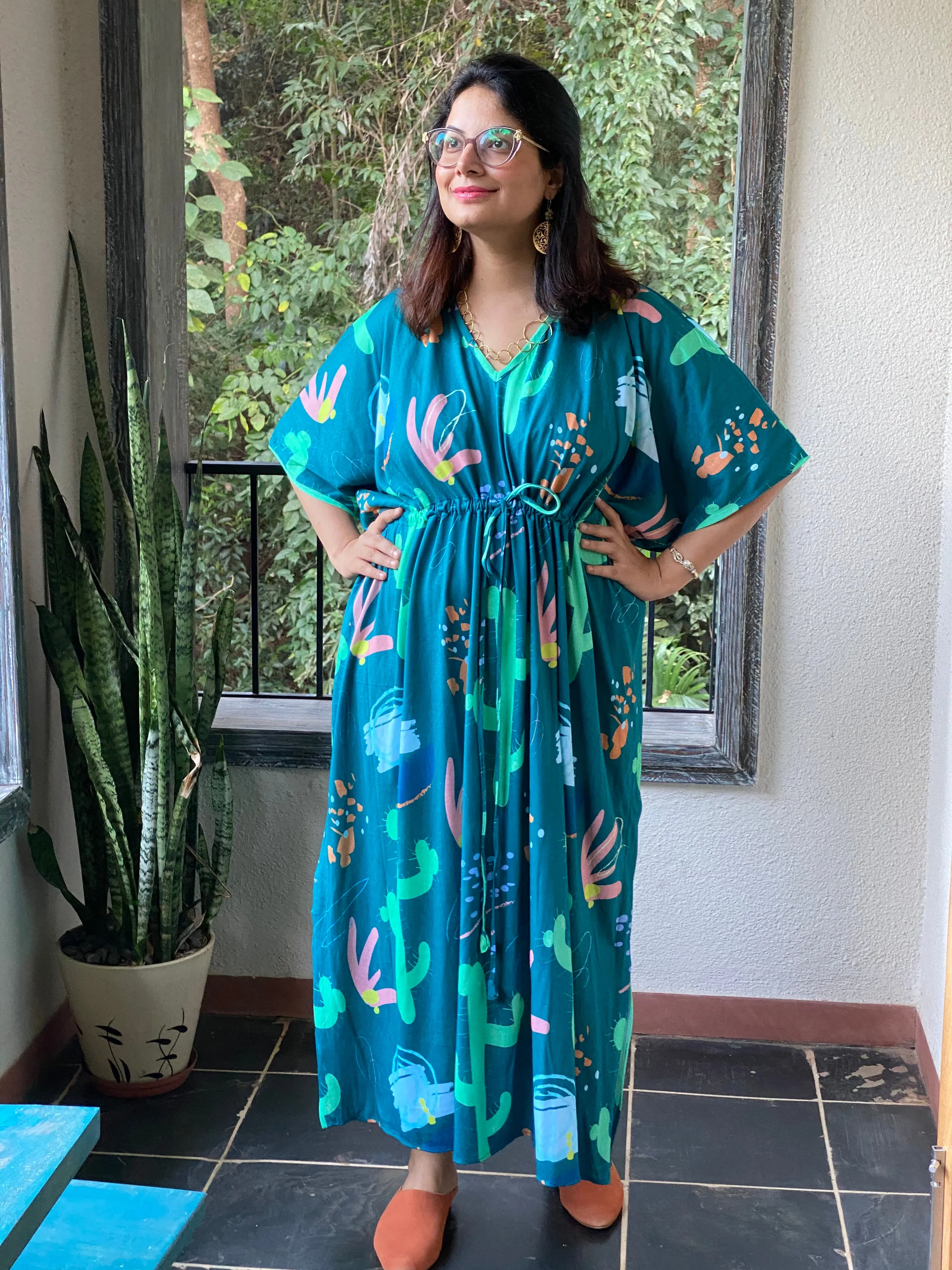 Colorful Cactus "Timeless" Style Kaftan | Soft Jersey Knit Organic Cotton | Perfect Loungewear House Dress