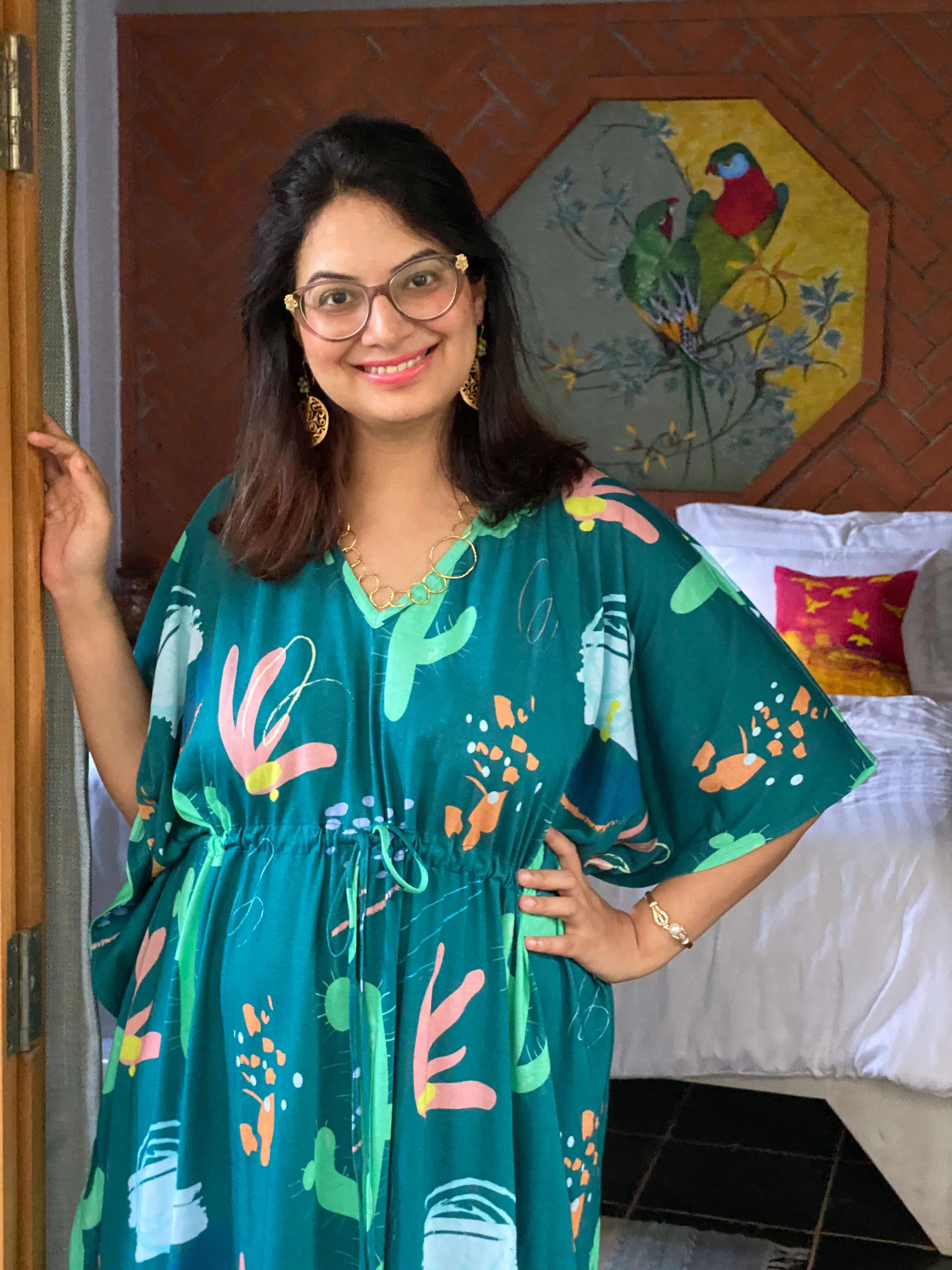 Colorful Cactus "Timeless" Style Kaftan | Soft Jersey Knit Organic Cotton | Perfect Loungewear House Dress