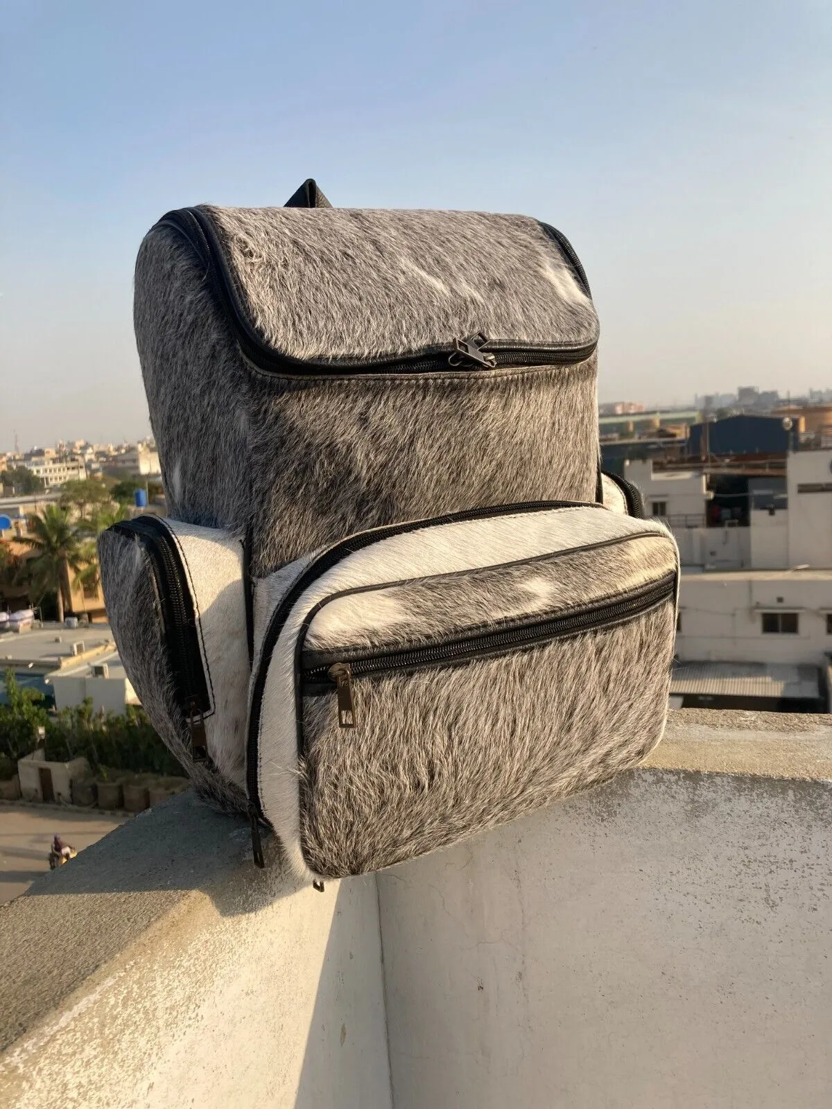 Cow Skin Travel Backpack Grey White