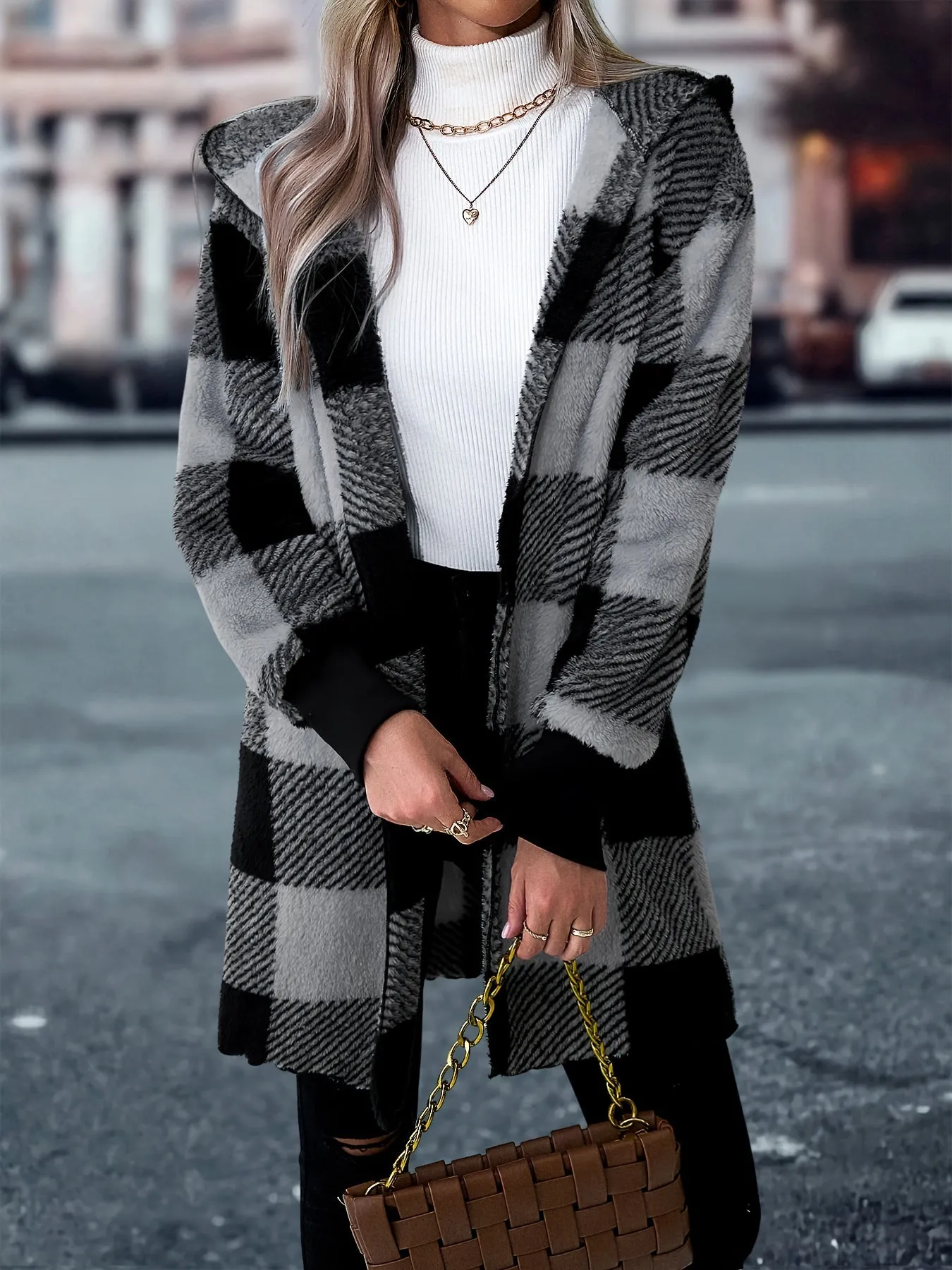 Cozy Plaid Hooded Coat Stylish Womens Outerwear for Fall