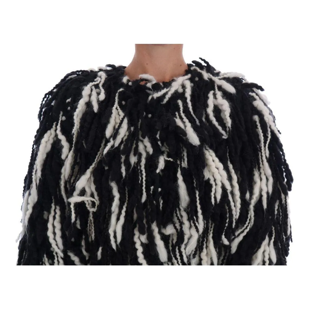 Dolce & Gabbana Black and White Fringed Wool Coat Jacket