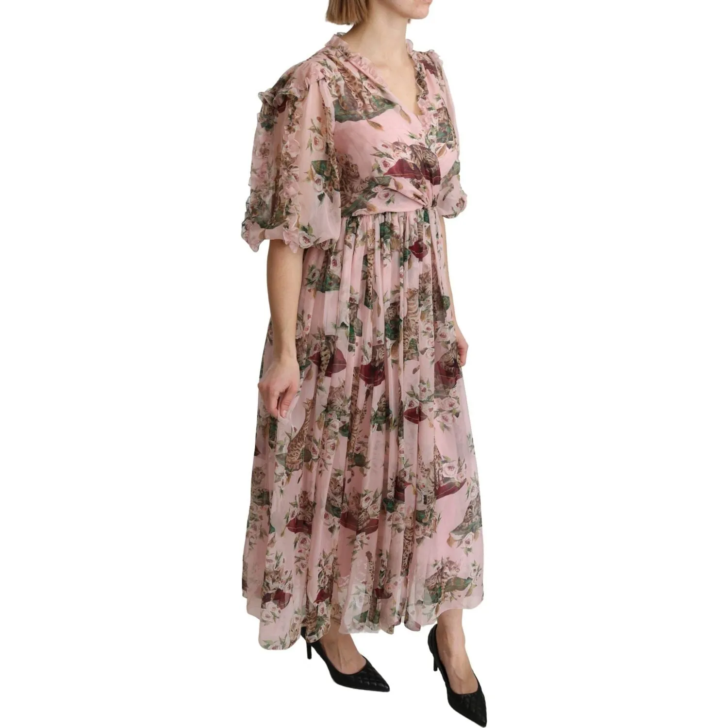 Dolce & Gabbana Elegant Pink Bengal Cat Print A-Line Maxi Dress