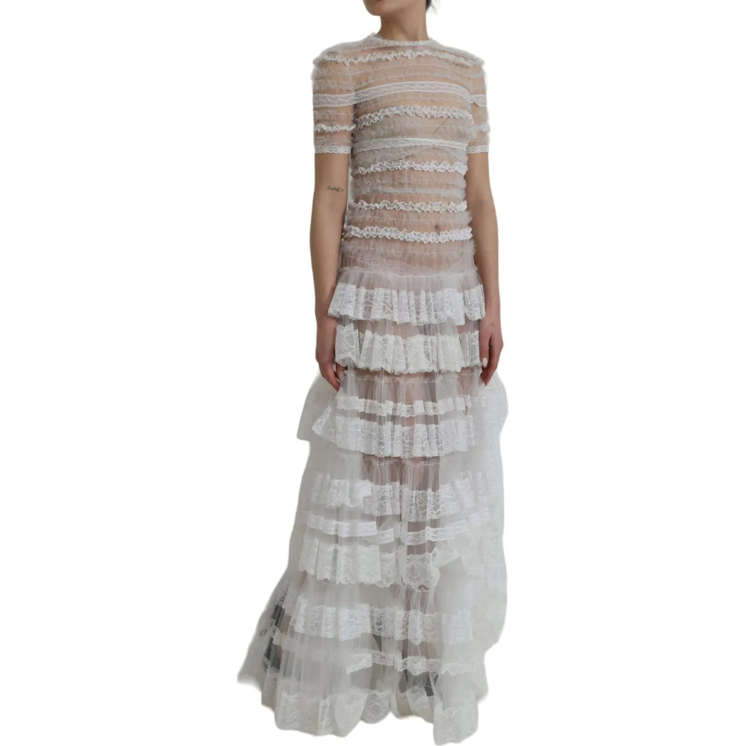 Dolce & Gabbana White Nylon Sheer Tiered Lace Maxi Dress