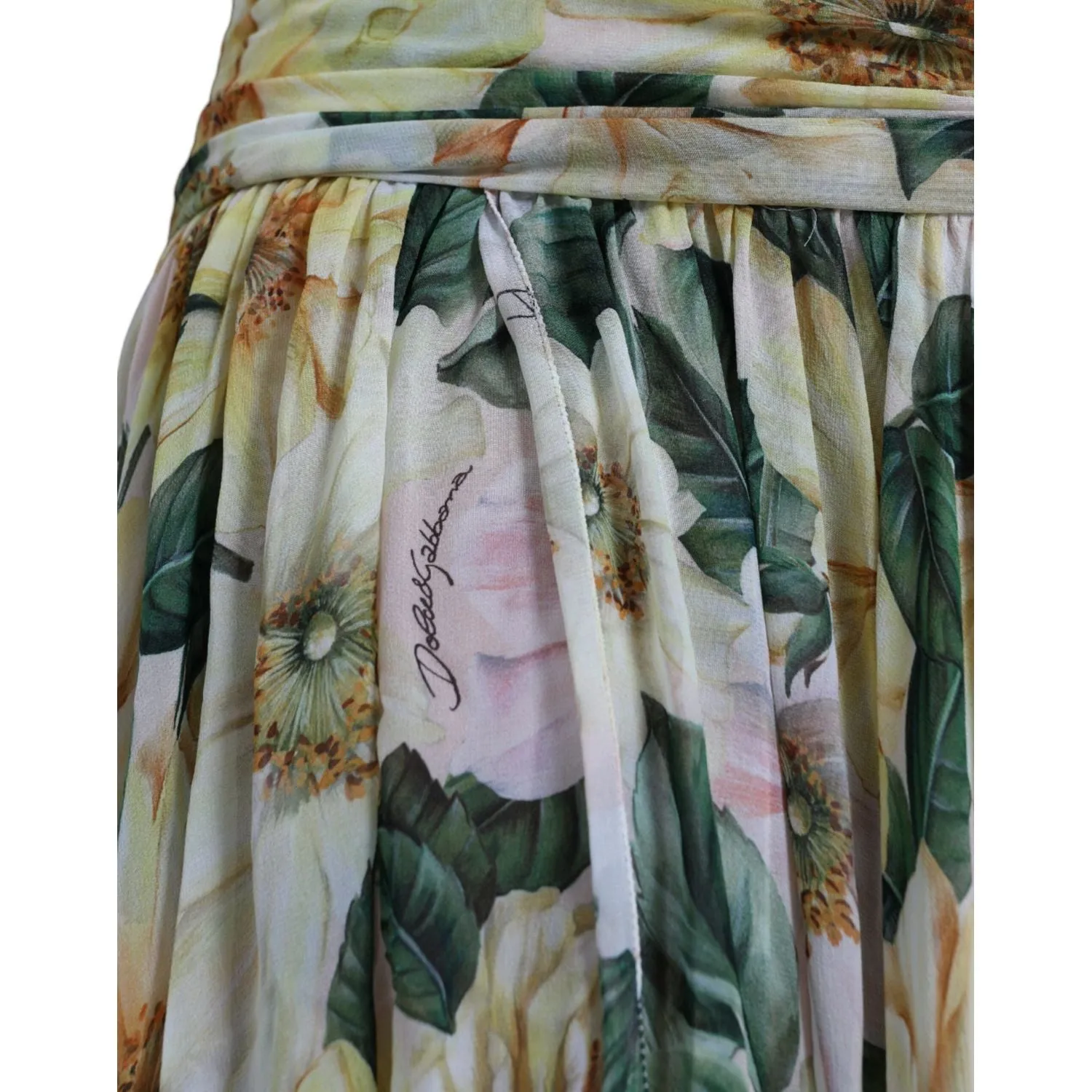 Dolce & Gabbana Yellow Floral Print Silk Pleated Maxi Dress