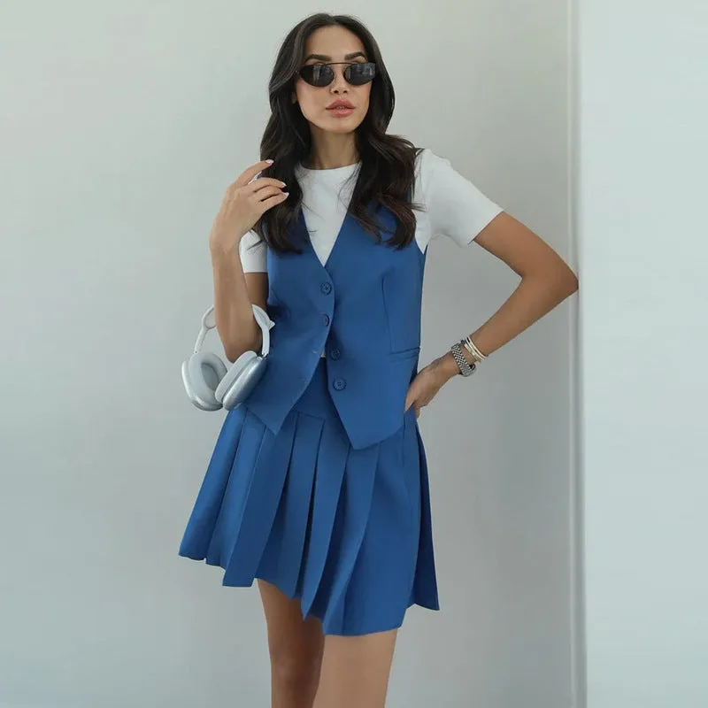 European And American Sleeveless Top Pleated High Waist Short Skirt Women's Two-piece Suit