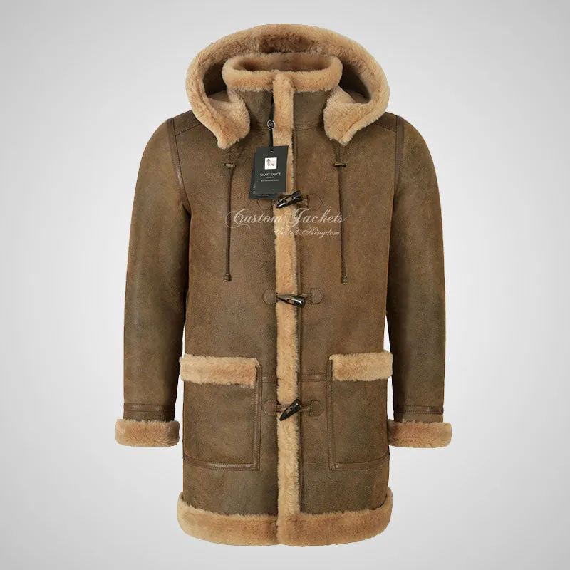 FARGO Men's Shearling Duffle Coat Sheepskin Fur Coat Removable Hood