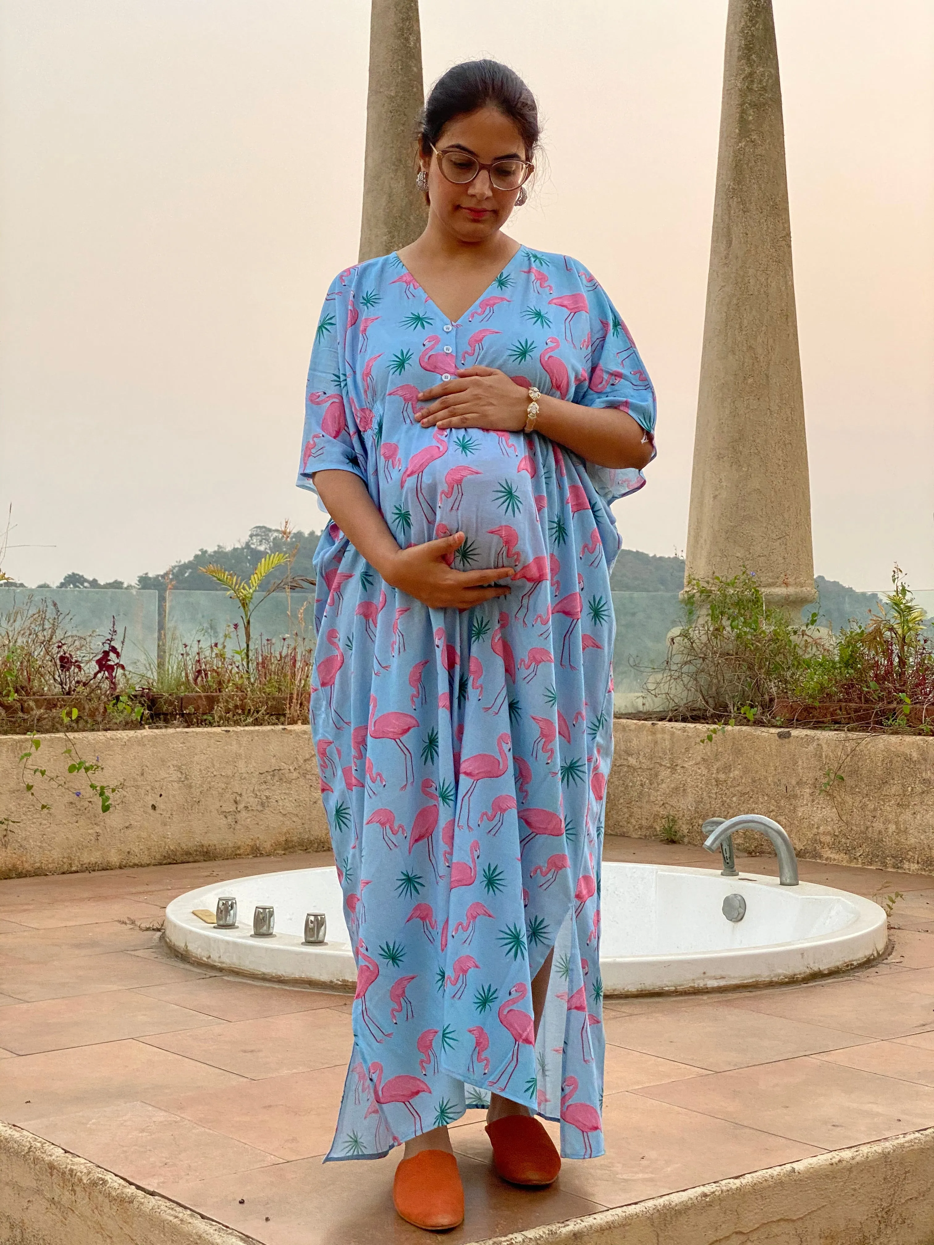 Flamingo Tales Maternity "Stunningly Simple" Style Caftan | Soft Jersey Knit Organic Cotton | Maternity House Dress