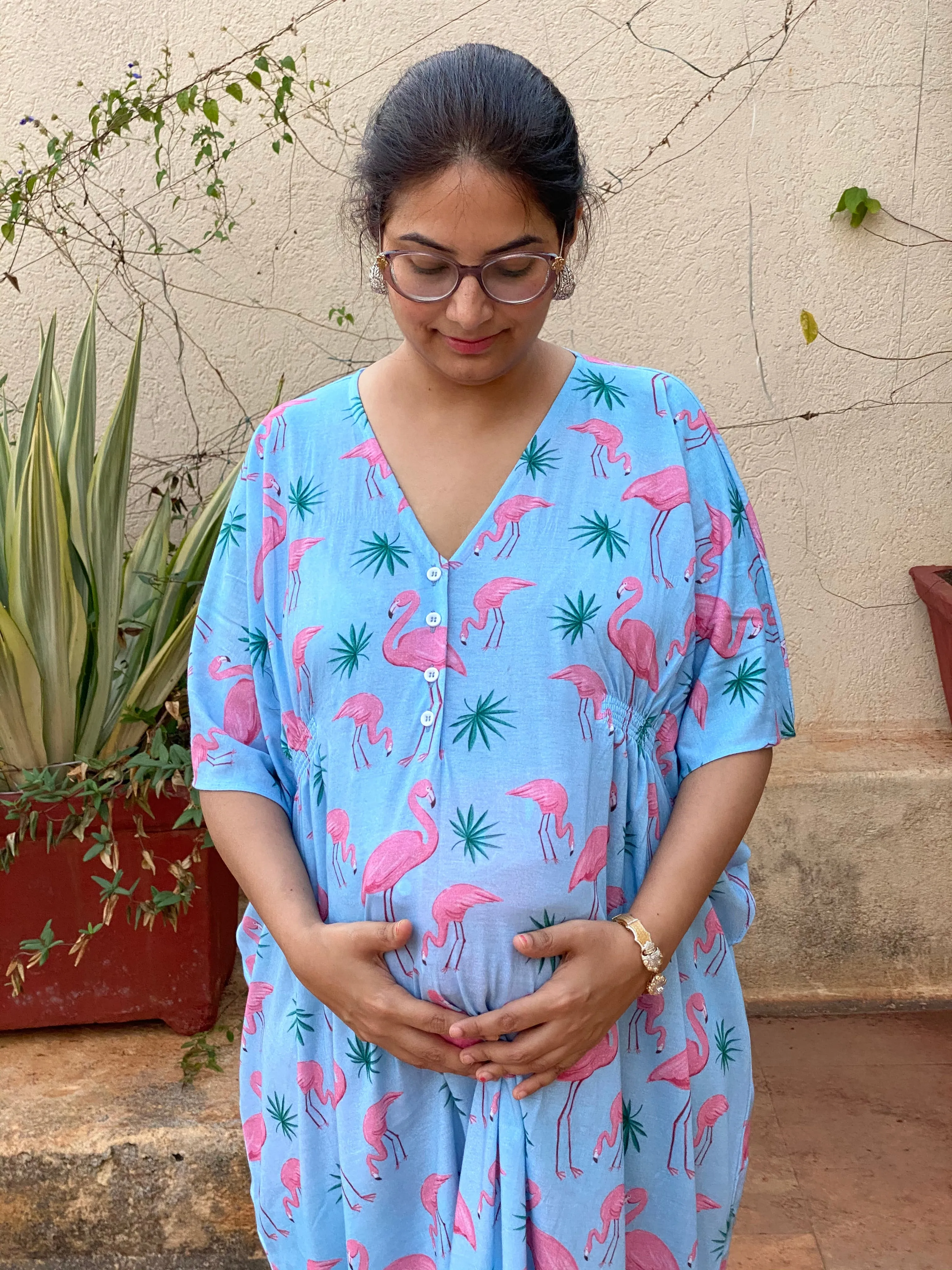 Flamingo Tales Maternity "Stunningly Simple" Style Caftan | Soft Jersey Knit Organic Cotton | Maternity House Dress